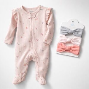 Carter’s 6M Ribbed Pink Sleeper & 3-Pack Head Wraps -  NWT Birdhouse Flowers